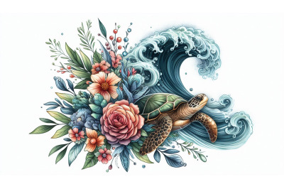 Floral turtle and wave