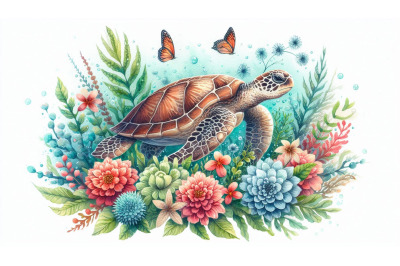 Sea turtle and flowers
