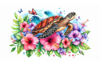 Sea turtle and hibiscus