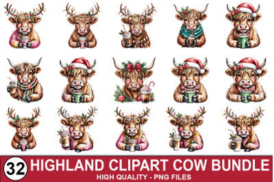 Christmas Highland Cow Clipart Bundle