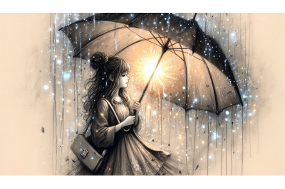 Charcoal Girl Glowing Umbrella