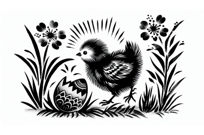 Chick in Japanese ink painting