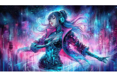 Cyberpunk Girl Digital Aurora