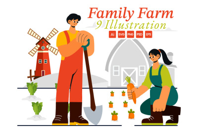 9 Family Working on a Farm Illustration