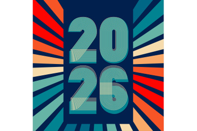 Retro cover background with 2026 numbers in colorful rays on blue