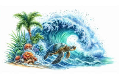 Splashing wave and turtle