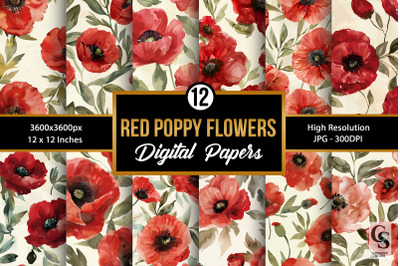 Watercolor Red Poppies Seamless Pattern