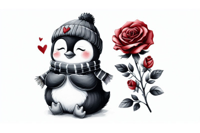 Monochrome Penguin Red Rose