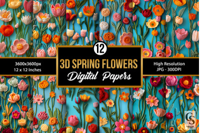 3D Spring Colorful Crochet Flowers Digital Paper
