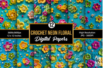 12 Turquoise Neon Crochet Flowers Digital Paper