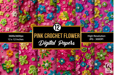 Pink Summer Crochet Flowers Digital Paper