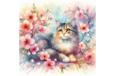 Blossoms Cat Watercolor