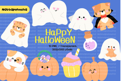 Cute Halloween Cat and Ghost Clipart