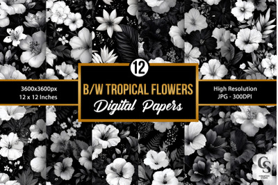 Black and White Tropical Flowers Digital Paper
