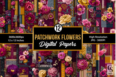 Burgundy Floral Patched Fabric Digital Paper