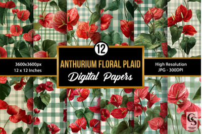 Red Anthurium Flowers Plaid Digital Paper