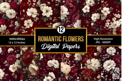 Cream and Burgundy Romantic Flowers Digital Paper