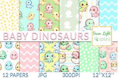 Cute Baby Dinosaurs Digital Papers, Kawaii Dino Scrapbook Papers