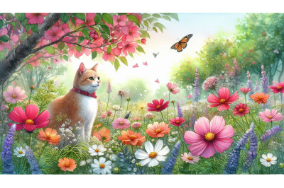 Cat Flowers Scene