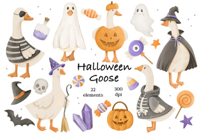 Watercolor Halloween Goose Clipart Set