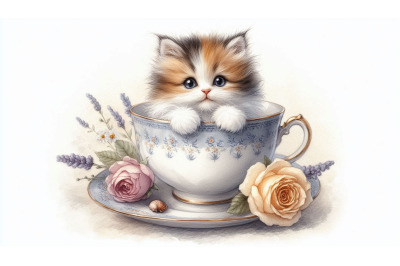 Kitten Teacup Illustration