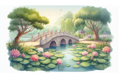 Lotus Bridge Watercolor