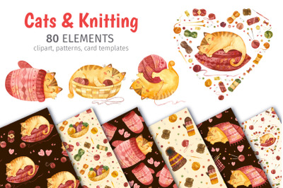 Cute Cats &amp; Knitting. Clipart, Patterns, Cards