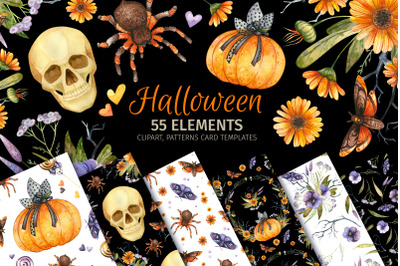 Watercolor Halloween Clipart, Patterns, Invitation Card Templates