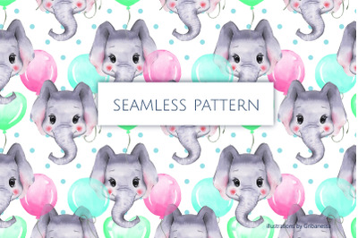 Watercolor Baby Elephant Seamless Pattern