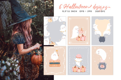 Cute Halloween Postcards. Vector Funny ghosts. Fall Template