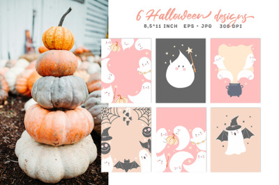 Cute Halloween Postcards. Vector Funny ghosts. Fall Template