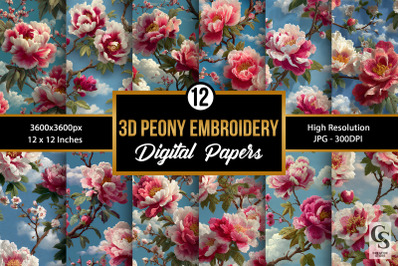 3D Pink Peony Embroidery Flowers Digital Paper