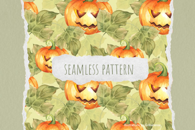 Watercolor Halloween Pumpkin Seamless Pattern