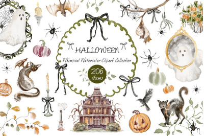 Halloween Watercolor Elements Bundle  Patterns, Borders &amp; Frames