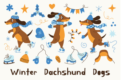 Winter Dachshund Dogs on Ice Skates PNG