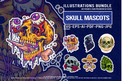Horror skull collection with sombrero rose reaper and creepy monster