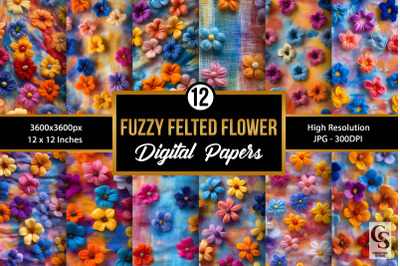 Colorful Fuzzy Felted Flowers Digital Paper