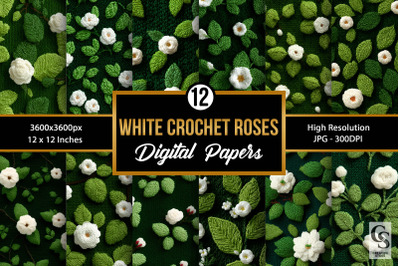 Cute Green White Crochet Flowers Digital Papers