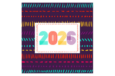 Retro cover with horizontal colorful 2026 number on purple geometric