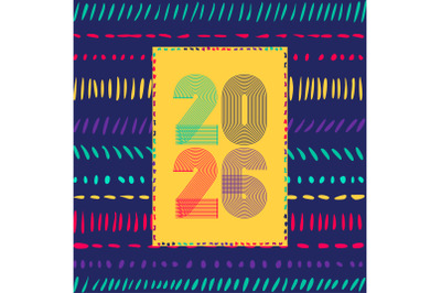 Retro cover with vertical colorful 2026 number yellow blue geometric