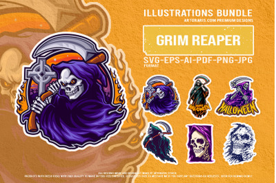 Haunted Grim Reaper Halloween Figures Creepy Skull Vector Pack