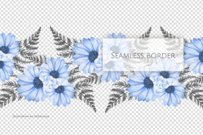 Watercolor Blue Daisy Seamless Border PNG