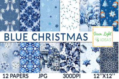 Blue Winter Christmas Digital Papers, Winter Floral Backgrounds