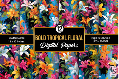 Bold Watercolor Tropical Flowers Digital Paper   Included   12 Digital