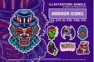 Spooky bat monster zombie nurse clown death horror artwork set