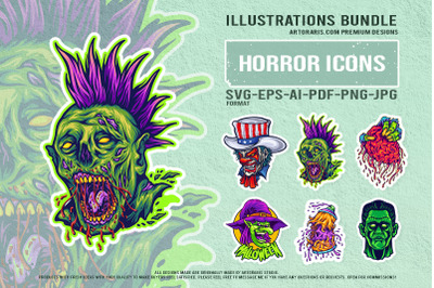 Creepy punk zombie clown witch and horror creatures