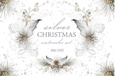 Silver Winter Christmas Watercolor Clipart Bundle