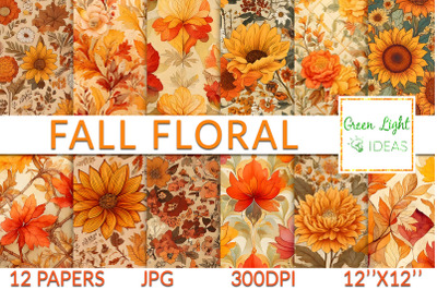 Orange Fall Floral Digital Papers, Autumn Flowers Backgrounds
