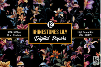 Rhinestone Lily Flowers Seamless Patterns