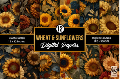 Wheat &amp; Sunflowers Garden Digital Paper
